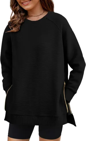 SimpleFun Womens Oversized Crewneck Sweatshirt Casual Side Slit Zipper Long Sleeve Fall Shirts Tunic Pullover Tops