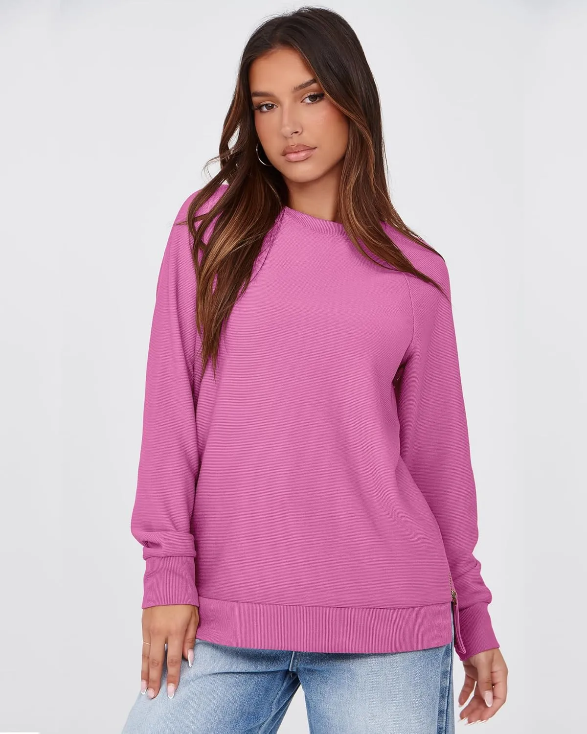 SimpleFun Womens Oversized Crewneck Sweatshirt Casual Side Slit Zipper Long Sleeve Fall Shirts Tunic Pullover Tops