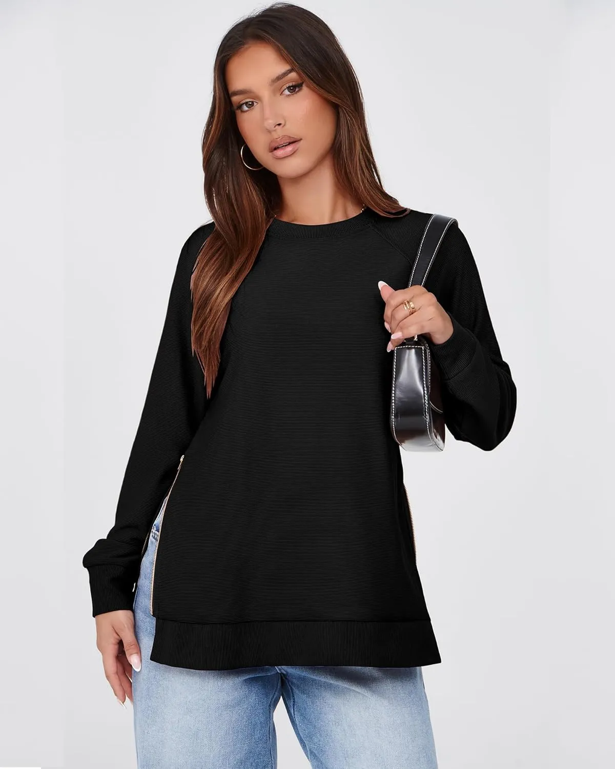SimpleFun Womens Oversized Crewneck Sweatshirt Casual Side Slit Zipper Long Sleeve Fall Shirts Tunic Pullover Tops