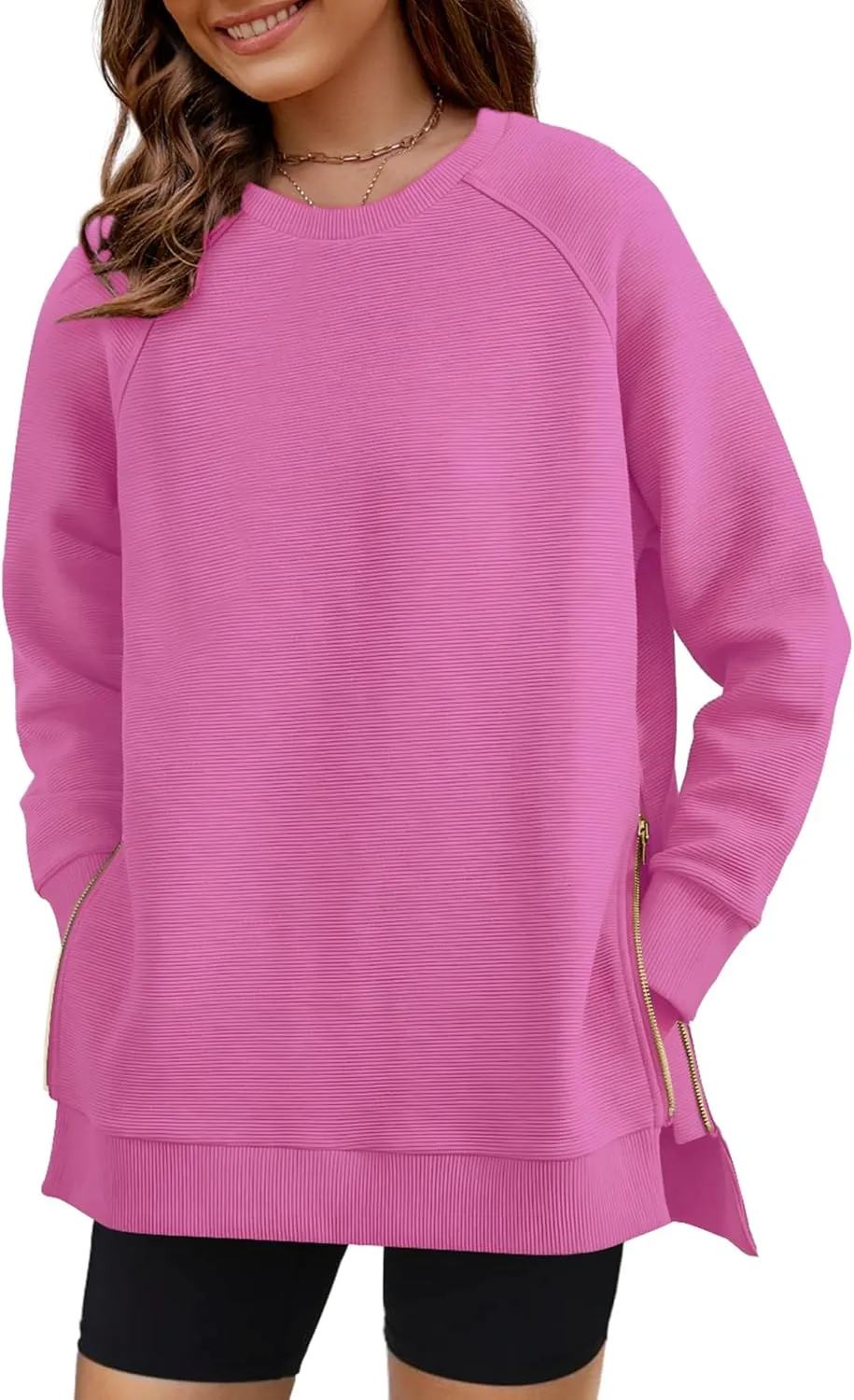 SimpleFun Womens Oversized Crewneck Sweatshirt Casual Side Slit Zipper Long Sleeve Fall Shirts Tunic Pullover Tops