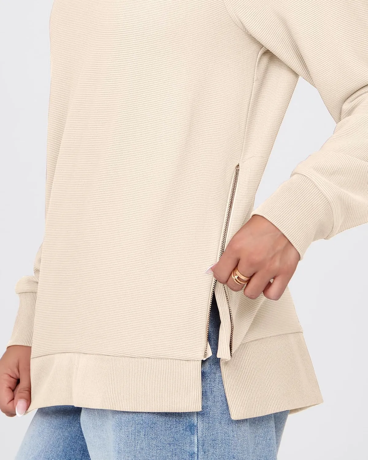SimpleFun Womens Oversized Crewneck Sweatshirt Casual Side Slit Zipper Long Sleeve Fall Shirts Tunic Pullover Tops