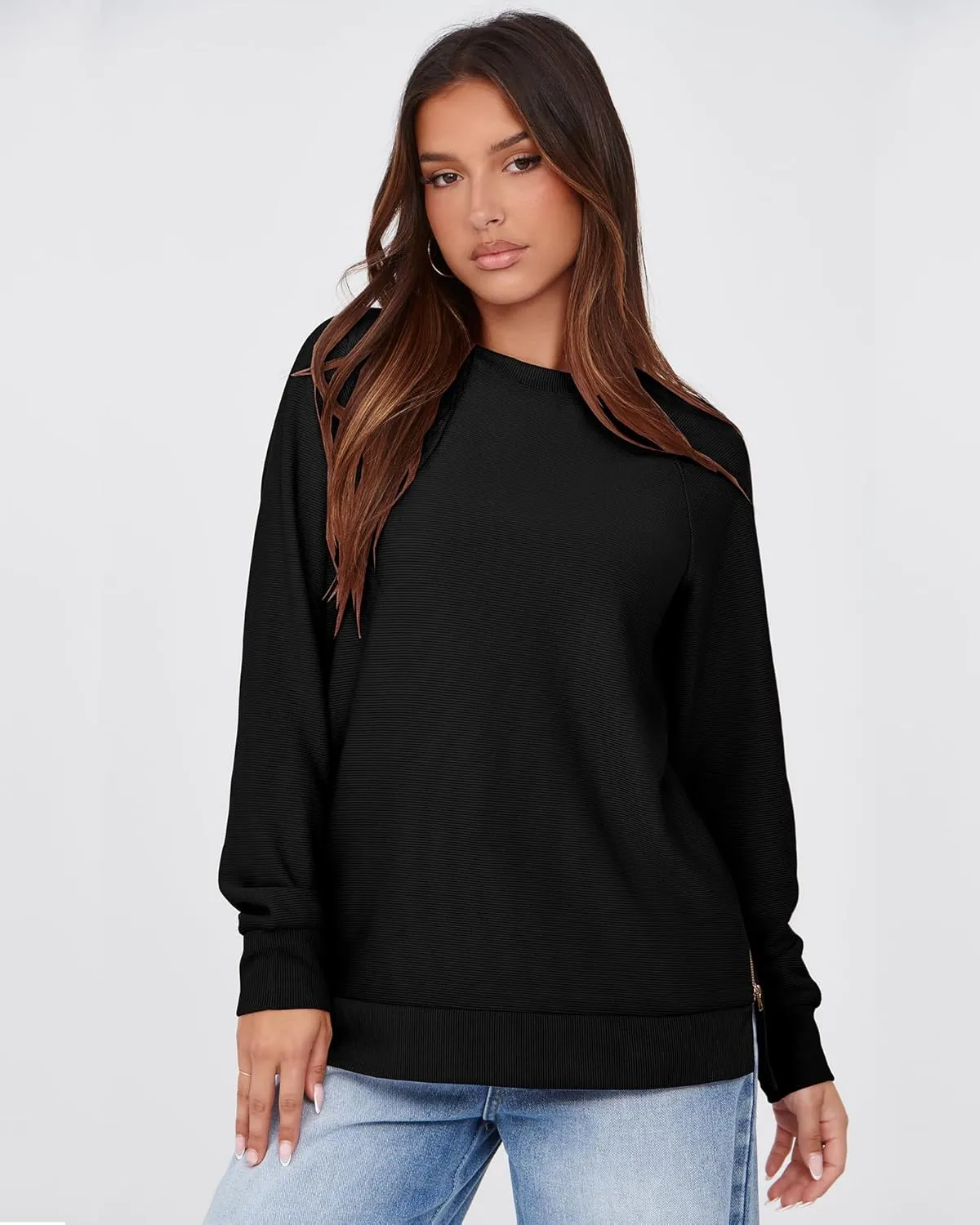 SimpleFun Womens Oversized Crewneck Sweatshirt Casual Side Slit Zipper Long Sleeve Fall Shirts Tunic Pullover Tops