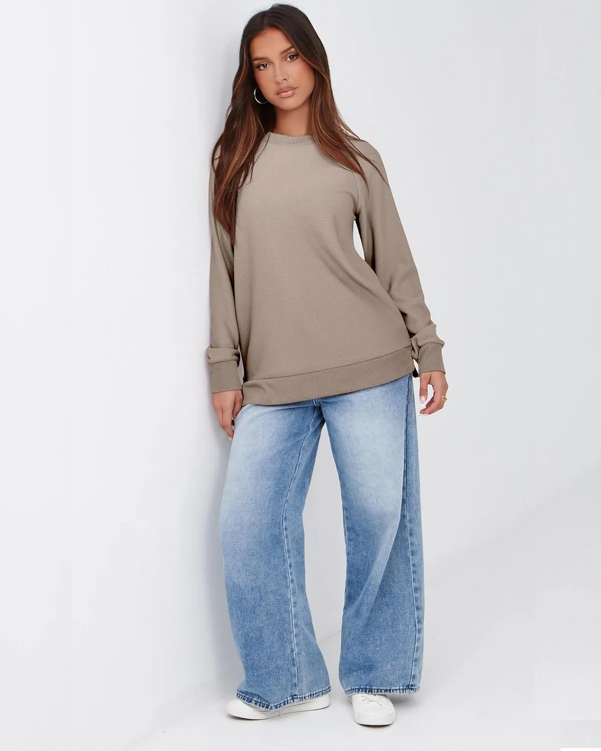 SimpleFun Womens Oversized Crewneck Sweatshirt Casual Side Slit Zipper Long Sleeve Fall Shirts Tunic Pullover Tops