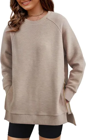 SimpleFun Womens Oversized Crewneck Sweatshirt Casual Side Slit Zipper Long Sleeve Fall Shirts Tunic Pullover Tops