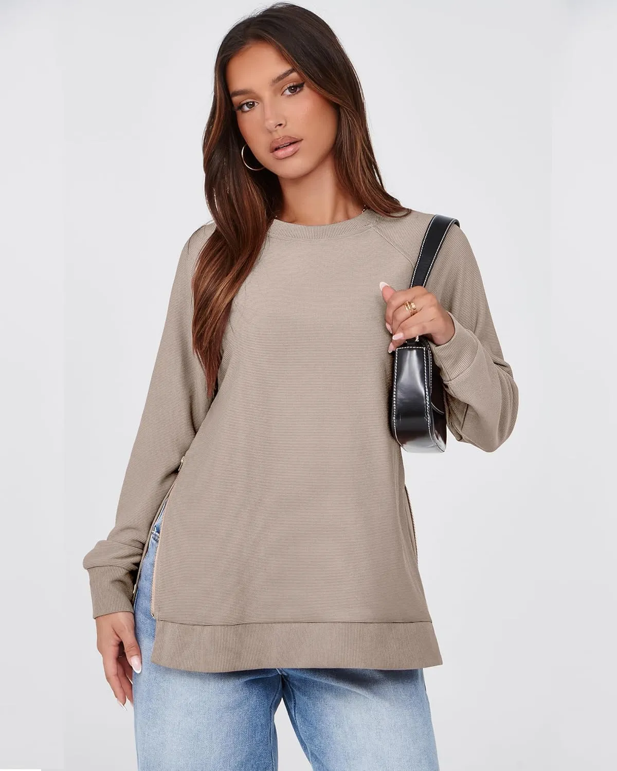 SimpleFun Womens Oversized Crewneck Sweatshirt Casual Side Slit Zipper Long Sleeve Fall Shirts Tunic Pullover Tops