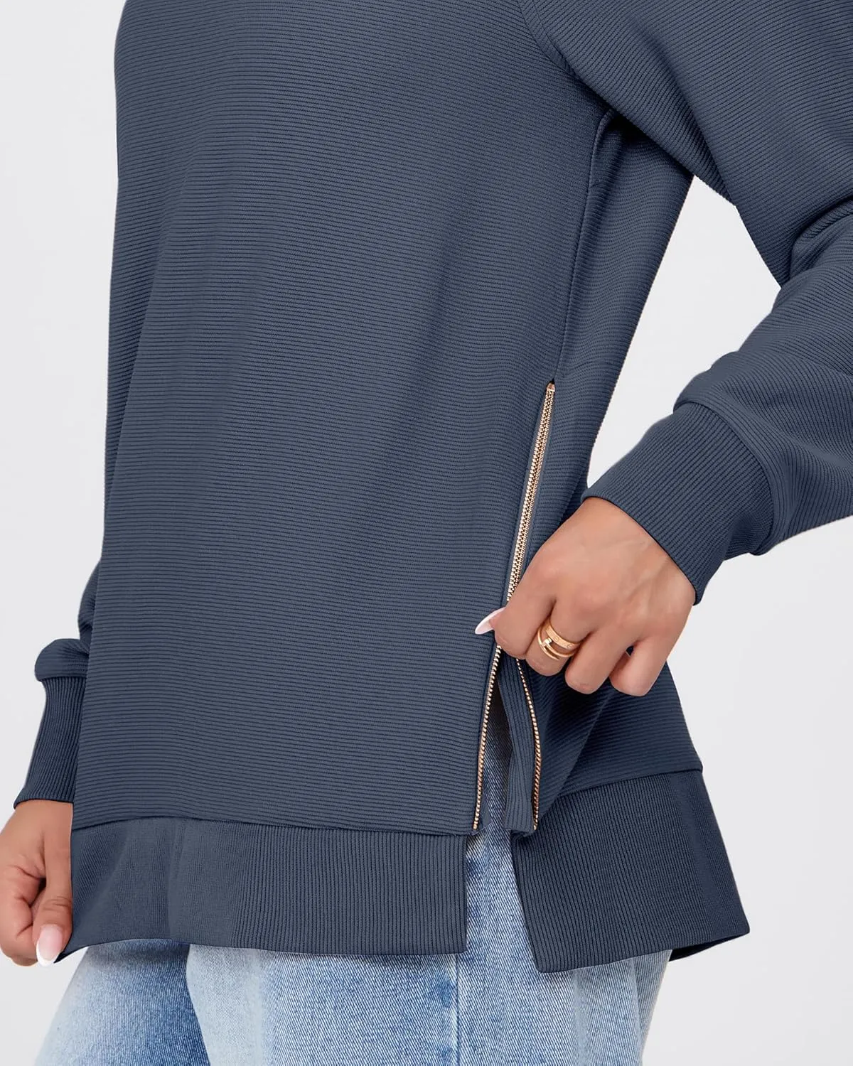SimpleFun Womens Oversized Crewneck Sweatshirt Casual Side Slit Zipper Long Sleeve Fall Shirts Tunic Pullover Tops