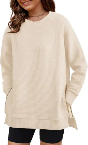 SimpleFun Womens Oversized Crewneck Sweatshirt Casual Side Slit Zipper Long Sleeve Fall Shirts Tunic Pullover Tops