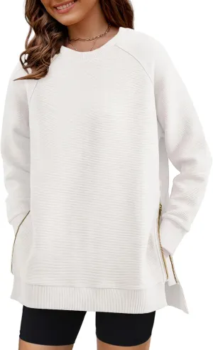 SimpleFun Womens Oversized Crewneck Sweatshirt Casual Side Slit Zipper Long Sleeve Fall Shirts Tunic Pullover Tops