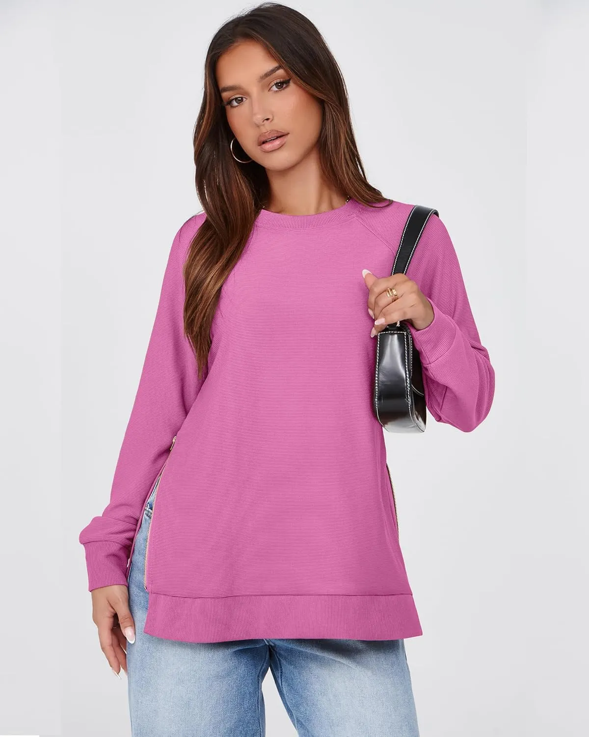 SimpleFun Womens Oversized Crewneck Sweatshirt Casual Side Slit Zipper Long Sleeve Fall Shirts Tunic Pullover Tops