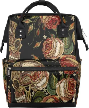 Skull Flower Embroidery Diaper Bag Tote Large Capacity Waterproof with Adjustable Shoulder Strap and Pram Straps Mommy Bag for Hospital Beach Weekender Travel