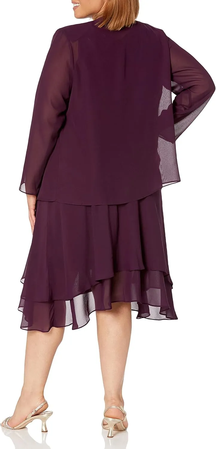 S.L. Fashions Women's Plus Size Embellished Tiered Mother of The Bride Gown with Jacket, Wedding Guest, Formal Event Dress