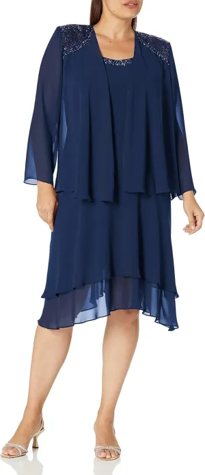 S.L. Fashions Women's Plus Size Embellished Tiered Mother of The Bride Gown with Jacket, Wedding Guest, Formal Event Dress