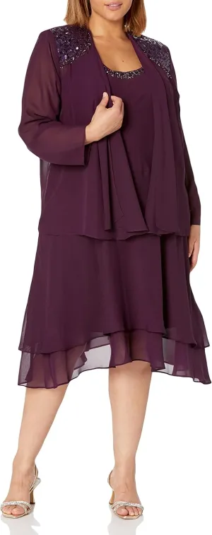 S.L. Fashions Women's Plus Size Embellished Tiered Mother of The Bride Gown with Jacket, Wedding Guest, Formal Event Dress