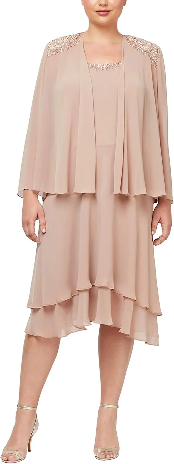 S.L. Fashions Women's Plus Size Embellished Tiered Mother of The Bride Gown with Jacket, Wedding Guest, Formal Event Dress