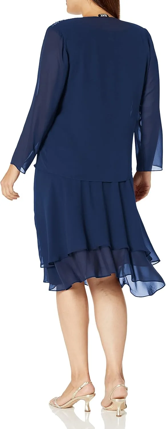 S.L. Fashions Women's Plus Size Embellished Tiered Mother of The Bride Gown with Jacket, Wedding Guest, Formal Event Dress