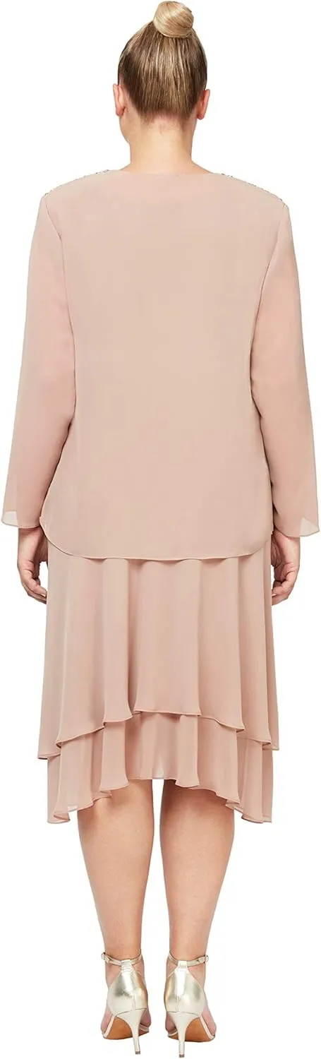 S.L. Fashions Women's Plus Size Embellished Tiered Mother of The Bride Gown with Jacket, Wedding Guest, Formal Event Dress