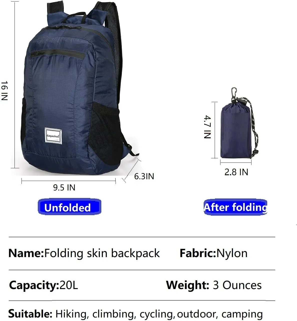 Small Foldable Hiking Daypack Packble Skin Casual Backpack Camping Cycling Travel Outdoor Day Bags Useful (Indigo)
