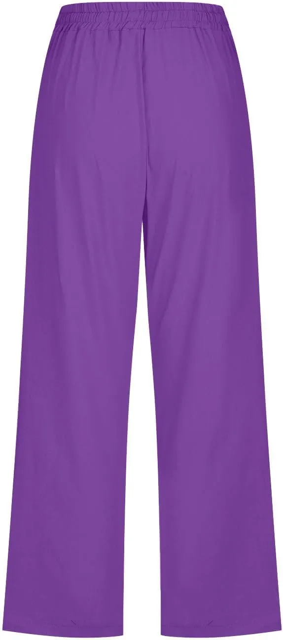 SMIDOW Women Cotton Linen Capris Pants Plus Size Knee Length Casual Elastic Waist Loose Paper Bag with Pockets Loose Trousers