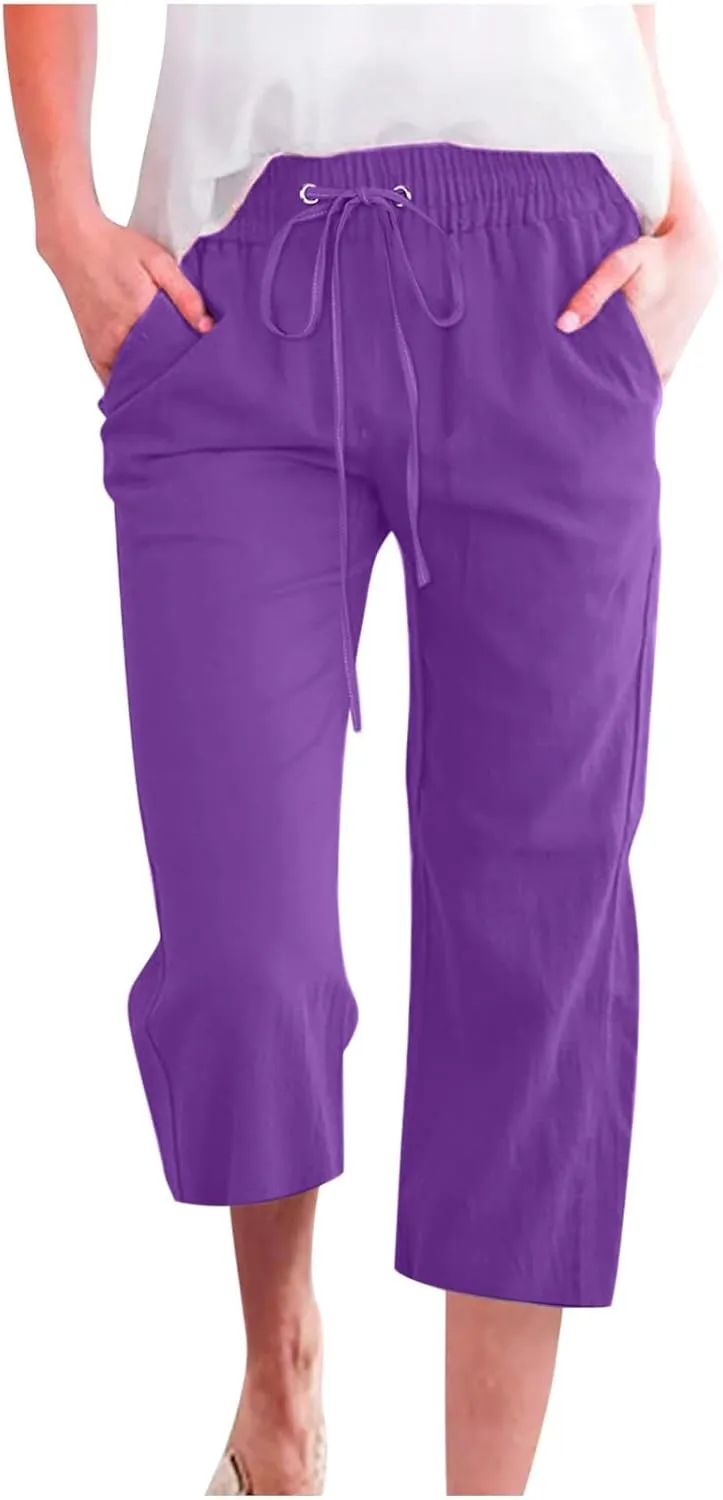 SMIDOW Women Cotton Linen Capris Pants Plus Size Knee Length Casual Elastic Waist Loose Paper Bag with Pockets Loose Trousers