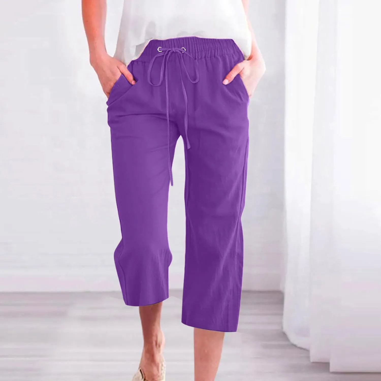 SMIDOW Women Cotton Linen Capris Pants Plus Size Knee Length Casual Elastic Waist Loose Paper Bag with Pockets Loose Trousers