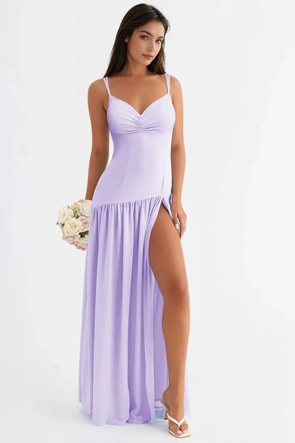 Spaghetti Straps Bridesmaid Dresses 2025 Chiffon Drop Waist Prom Dresses Long Formal Gowns XOD0466