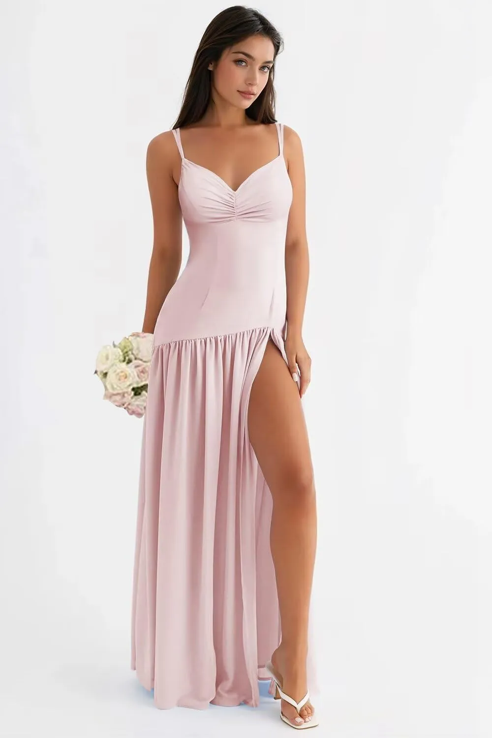 Spaghetti Straps Bridesmaid Dresses 2025 Chiffon Drop Waist Prom Dresses Long Formal Gowns XOD0466