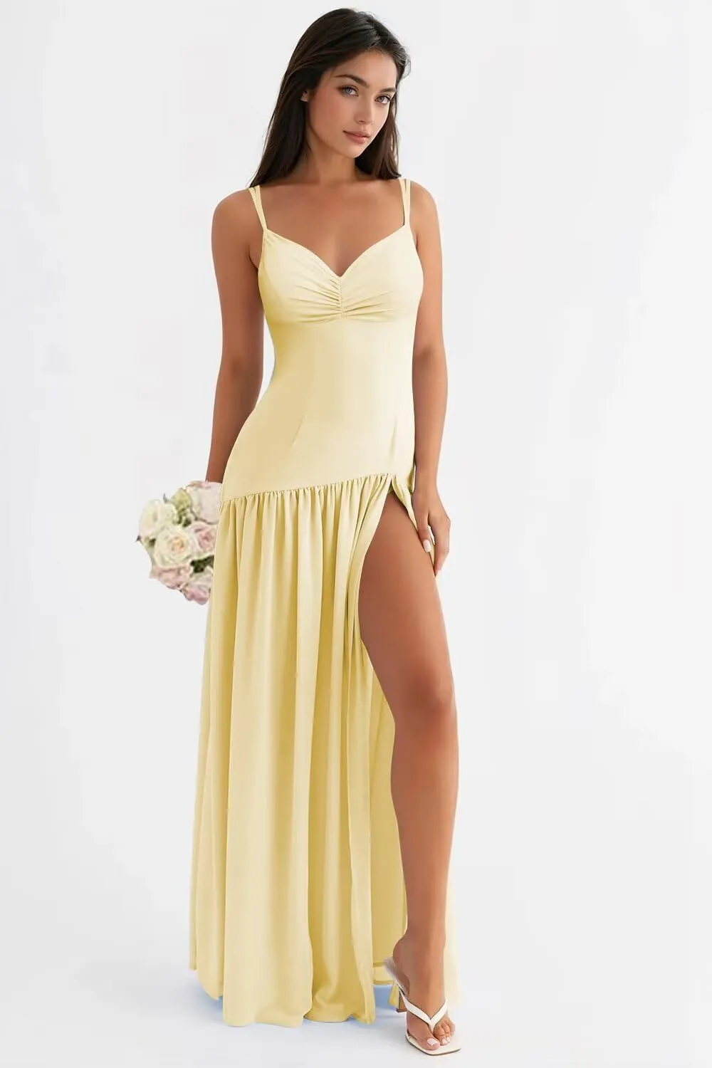 Spaghetti Straps Bridesmaid Dresses 2025 Chiffon Drop Waist Prom Dresses Long Formal Gowns XOD0466