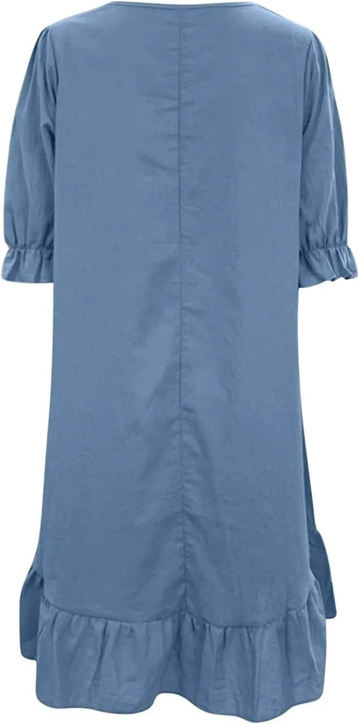 Spring Dresses for Women 2024 Midi Fashion Solid Retro Cotton and Linen Mid Sleeve Round Neck Short Sleeve Dress for Women