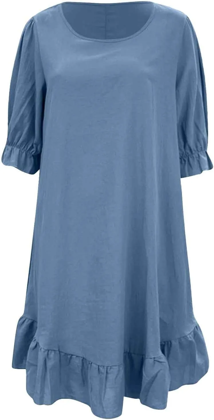 Spring Dresses for Women 2024 Midi Fashion Solid Retro Cotton and Linen Mid Sleeve Round Neck Short Sleeve Dress for Women