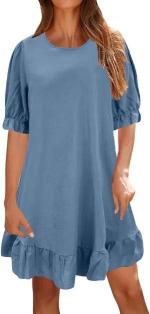 Spring Dresses for Women 2024 Midi Fashion Solid Retro Cotton and Linen Mid Sleeve Round Neck Short Sleeve Dress for Women
