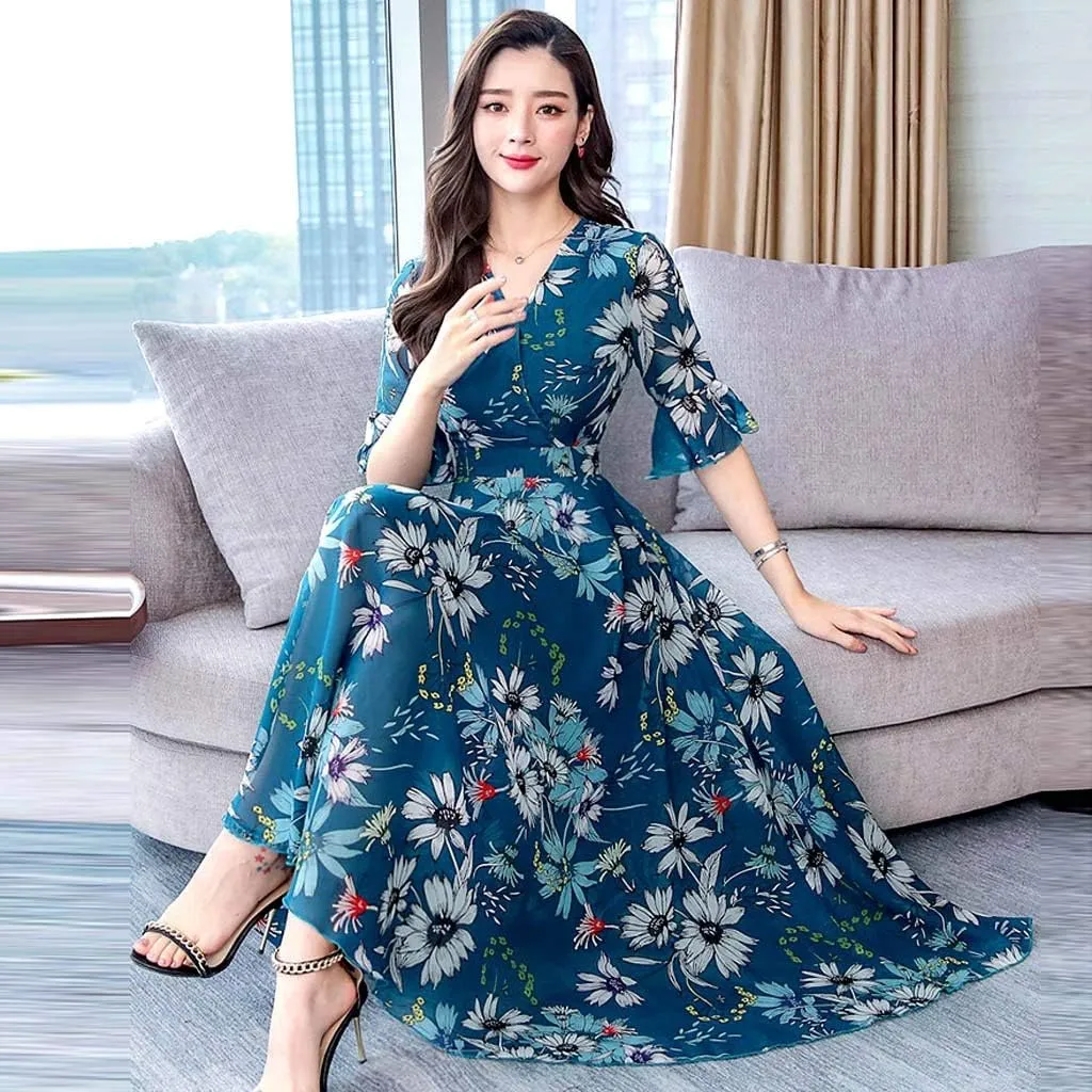 Spring Dresses for Women 2024 Trendy Flowy Casual V Neck 3/4 Sleeve Floral Maxi Dress Plus Size A Line Summer Long Dresses