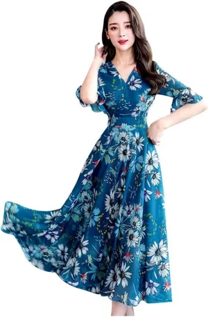 Spring Dresses for Women 2024 Trendy Flowy Casual V Neck 3/4 Sleeve Floral Maxi Dress Plus Size A Line Summer Long Dresses