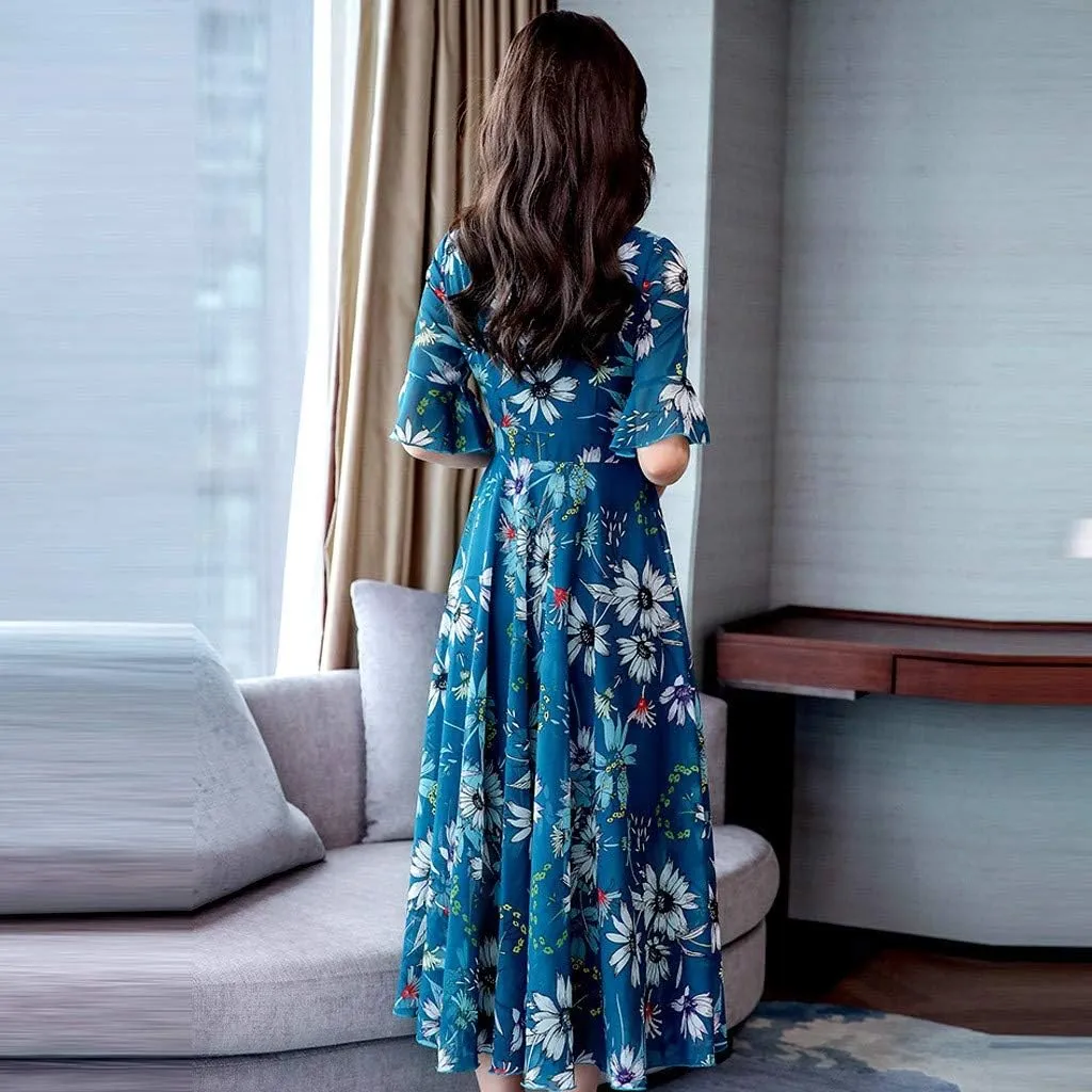 Spring Dresses for Women 2024 Trendy Flowy Casual V Neck 3/4 Sleeve Floral Maxi Dress Plus Size A Line Summer Long Dresses