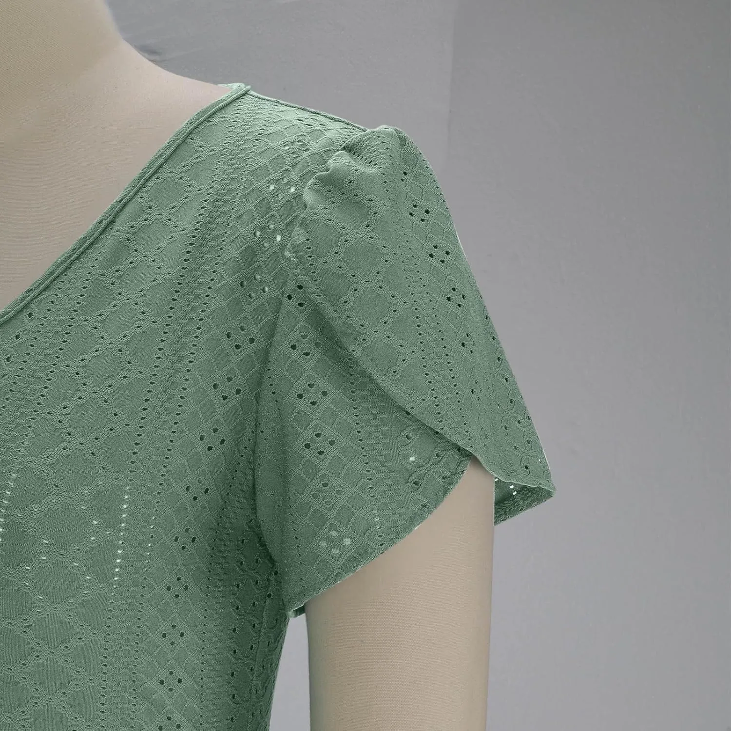 Spring Dresses for Women 2025 Eyelet Ruffle Short Sleeve Solid V Neck Casual Maxi Dresses Beach Vacation Long Dress