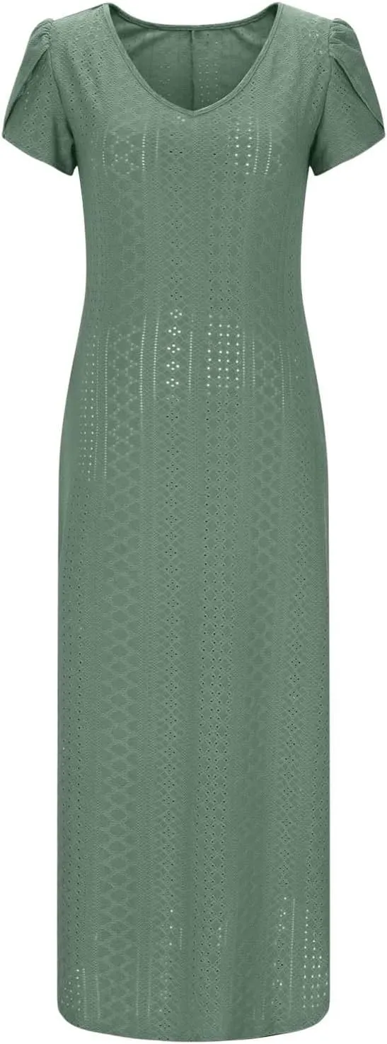 Spring Dresses for Women 2025 Eyelet Ruffle Short Sleeve Solid V Neck Casual Maxi Dresses Beach Vacation Long Dress
