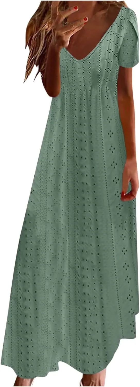 Spring Dresses for Women 2025 Eyelet Ruffle Short Sleeve Solid V Neck Casual Maxi Dresses Beach Vacation Long Dress