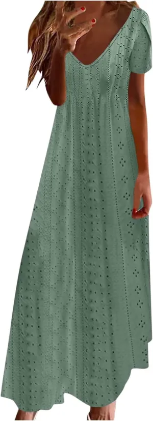 Spring Dresses for Women 2025 Eyelet Ruffle Short Sleeve Solid V Neck Casual Maxi Dresses Beach Vacation Long Dress