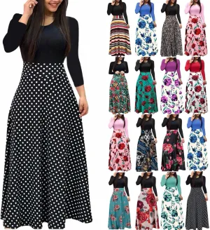 Spring Dresses for Women Long Sleeve Floral Print Elegant Wedding Holiday Party Splice Large Swing Summer Maxi Dress
