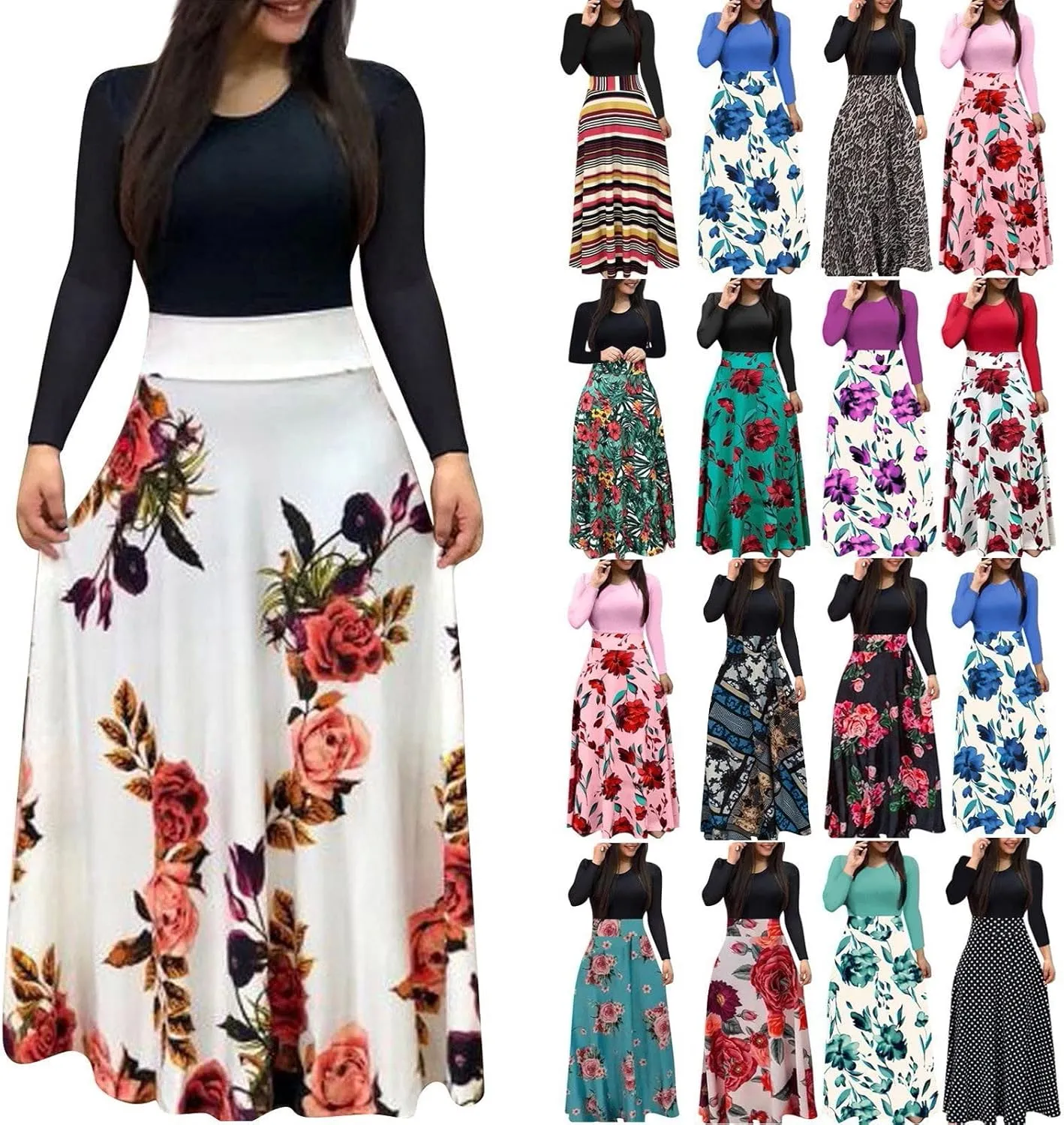 Spring Dresses for Women Long Sleeve Floral Print Elegant Wedding Holiday Party Splice Large Swing Summer Maxi Dress