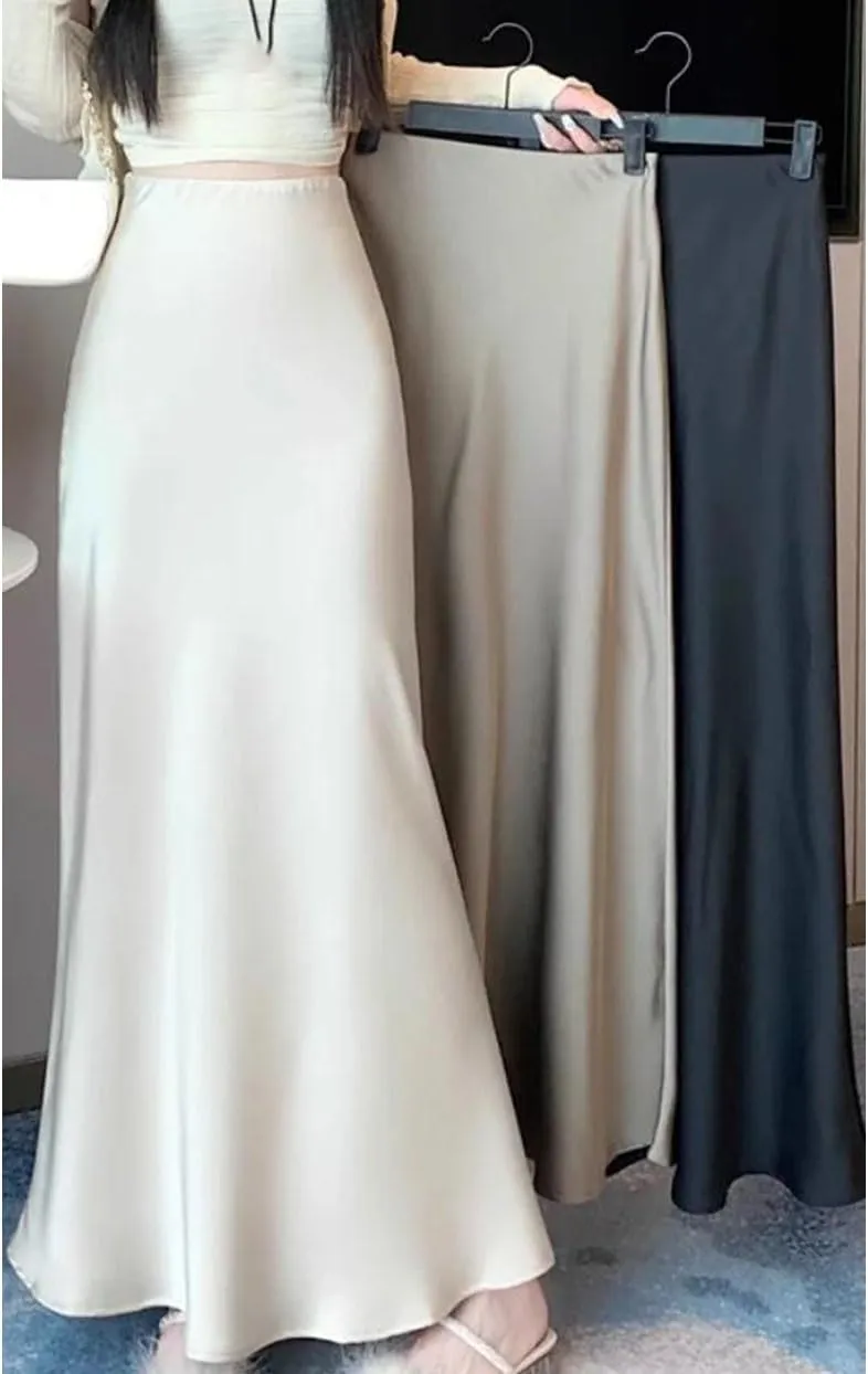 Spring Summer Satin Skirt for Women Silk Skirt High Waisted Slim Fashion Solid Midi Skirts