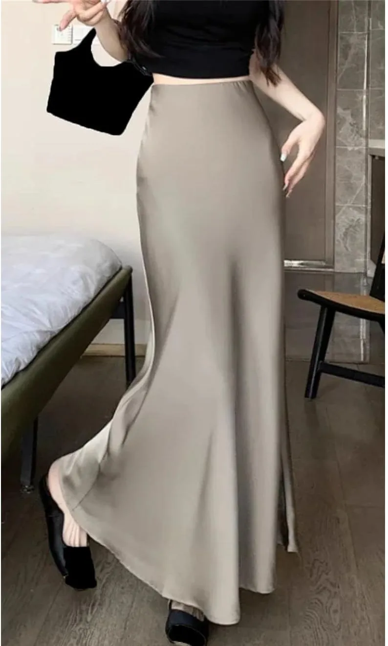 Spring Summer Satin Skirt for Women Silk Skirt High Waisted Slim Fashion Solid Midi Skirts
