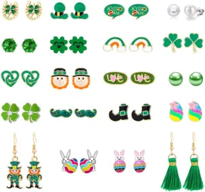 St. Patrick's Day 20-Pair Hypoallergenic Earring Sets - Cute Stud Earrings for Girls & Women: Green Shamrock, Clover, Easter Egg, Bunny Holiday Jewelry