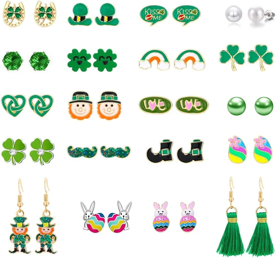 St. Patrick's Day 20-Pair Hypoallergenic Earring Sets - Cute Stud Earrings for Girls & Women: Green Shamrock, Clover, Easter Egg, Bunny Holiday Jewelry