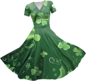 St Patricks Dress Women Dressy Short Sleeve Princess V Neck Pulled Ruffle Shamrock Print Waist Drawstring Sexy Dresses