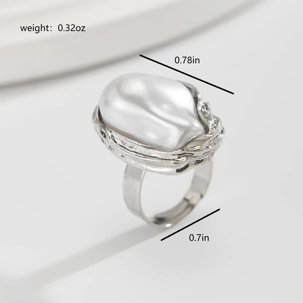 Statement Baroque Large Pearl Ring Chunky Gold for Women Trendy, Vintage White Big Irregular Pearls Silver Finger Open Rings Party Prom Jewelry Gifts