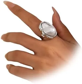 Statement Baroque Large Pearl Ring Chunky Gold for Women Trendy, Vintage White Big Irregular Pearls Silver Finger Open Rings Party Prom Jewelry Gifts