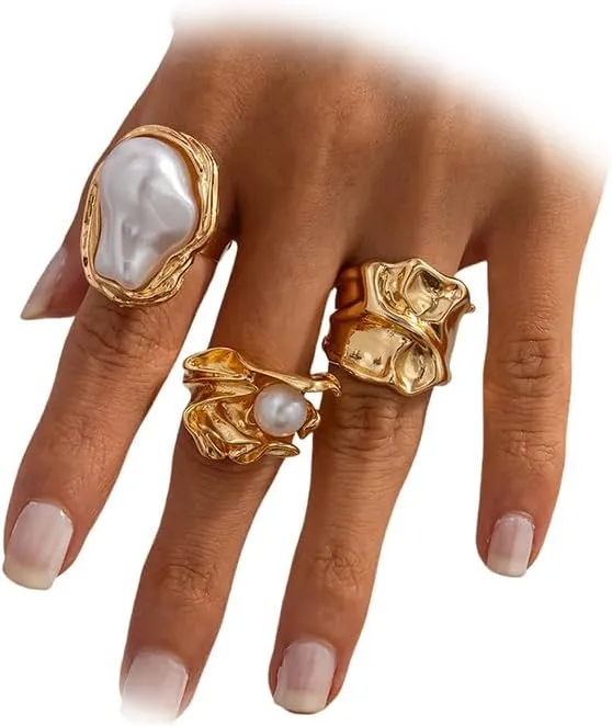 Statement Chunky Gold Irregular Big Pearl Rings Stackable for Women Non Tarnish, Unique Large Baroque Pearls Sliver Pleated Knuckle Ring Set Jewelry Gift