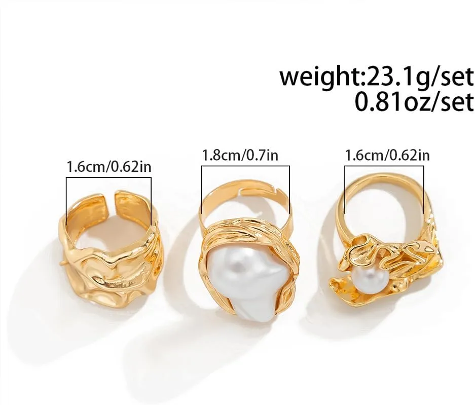 Statement Chunky Gold Irregular Big Pearl Rings Stackable for Women Non Tarnish, Unique Large Baroque Pearls Sliver Pleated Knuckle Ring Set Jewelry Gift