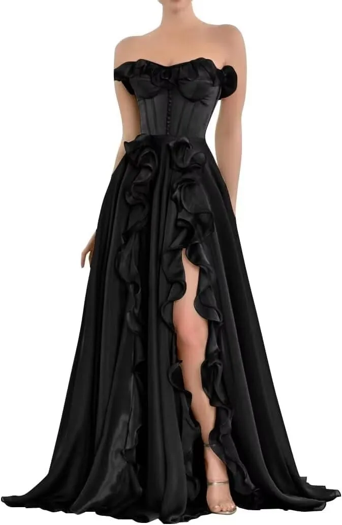 Strapless Chiffon Long Prom Dresses with Slit for Women Pleated Ball Gown A Line Ruffles Formal Evening Party Gowns