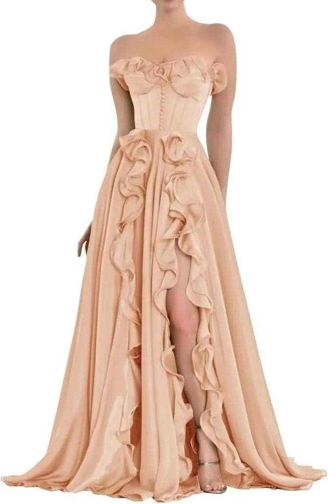 Strapless Chiffon Long Prom Dresses with Slit for Women Pleated Ball Gown A Line Ruffles Formal Evening Party Gowns